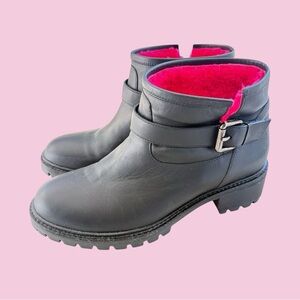 FENDI Black Leather Moto Boots w Fuchsia Shearling Trim
